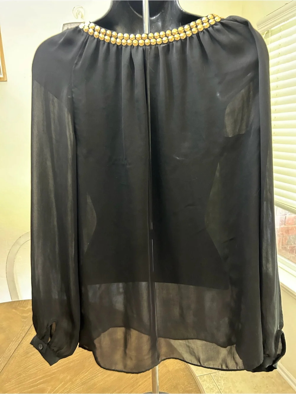 Michael Kors Black Sheer Long-Sleeve Blouse with Gold Bead Trim